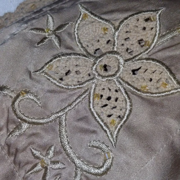 100% Silk Beige Satin Embroidered Tie-Front Top - Picture 13 of 13